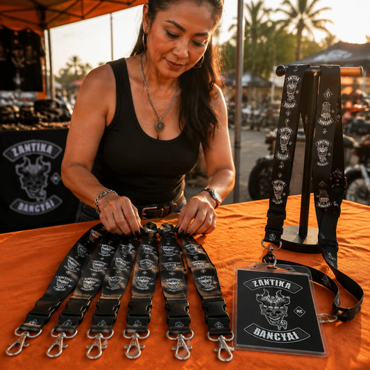 A rally merchandise display of nylon club-logo lanyards and matching credential sets.