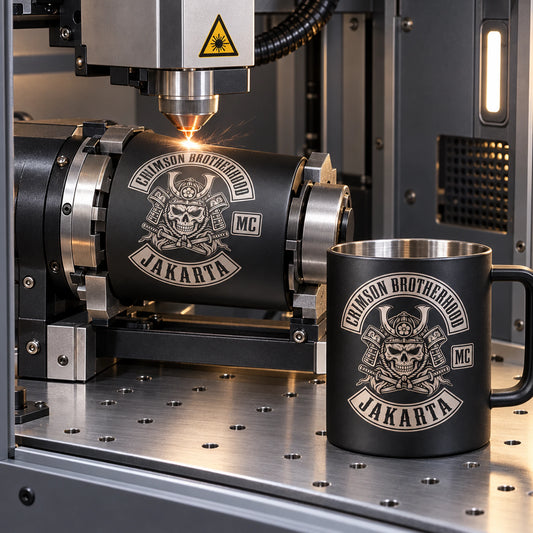 Safe enclosed laser engraving process with blank shield displaying an authorized logo for a custom motorcycle club metal mug project.