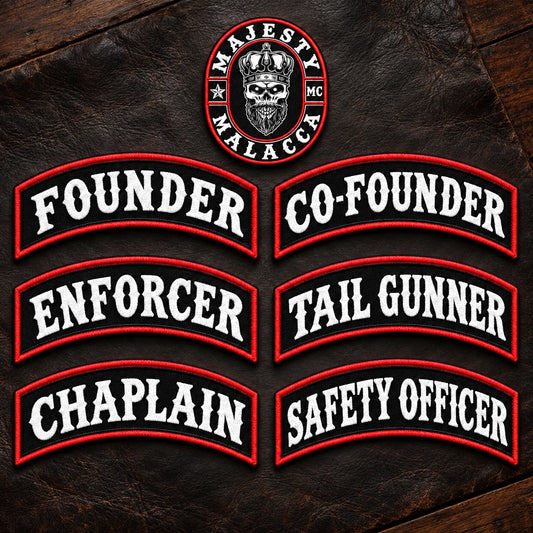 Motorcycle club leadership and special-role patches in one matched set.