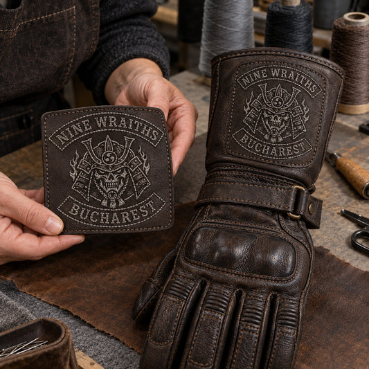 Dark brown cowhide gauntlet leather glove with restrained motorcycle club branding in textile finishing counter with muted thread cones.