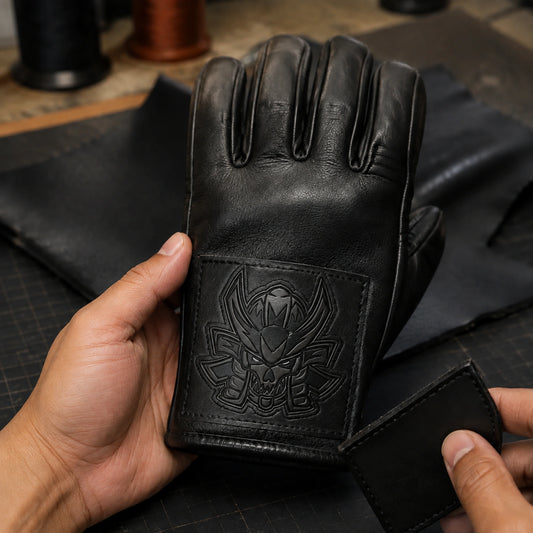 A black motorcycle club glove shows a thin leather patch with tonal logo relief and a sewn perimeter.