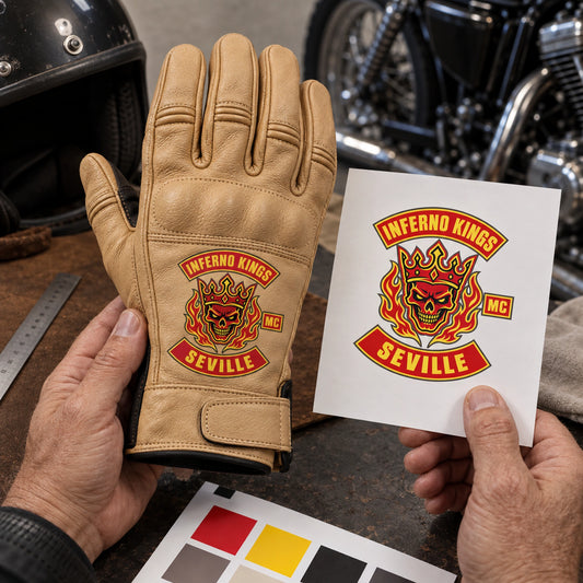 Natural tan full-finger goatskin leather glove with restrained motorcycle club branding in clean color-proof inspection surface.