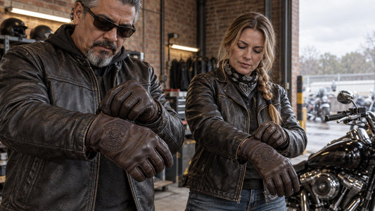 Dark brown short-cuff goatskin leather gloves with restrained motorcycle club branding in covered brick workshop loading bay before a club ride.