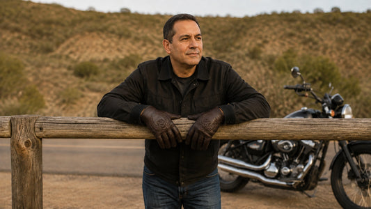 A rider in a denim cut wears dark brown gloves with tonal pressed winged-skull emblems at a roadside stop.