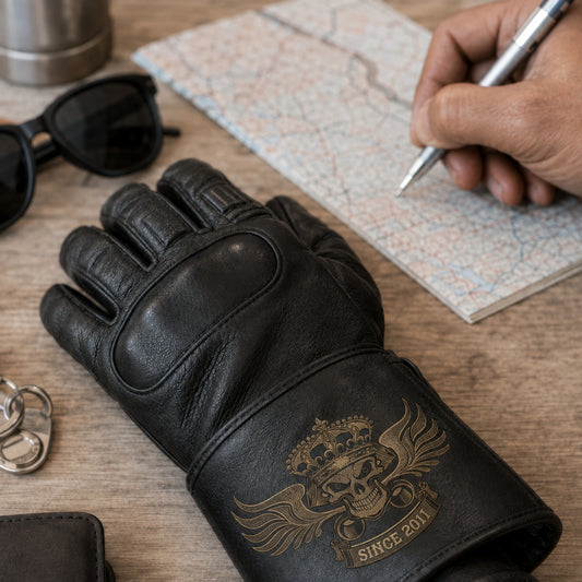 A black motorcycle club glove preserves the supplied emblem and founding-year ribbon in restrained aged-gold foil deboss.