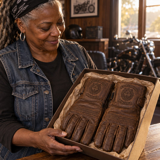 Vintage brown full-finger goatskin leather gloves with restrained motorcycle club branding in quiet clubhouse presentation shelf.