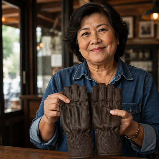A club member holds brown gloves bearing tonal pressed wolf emblems.