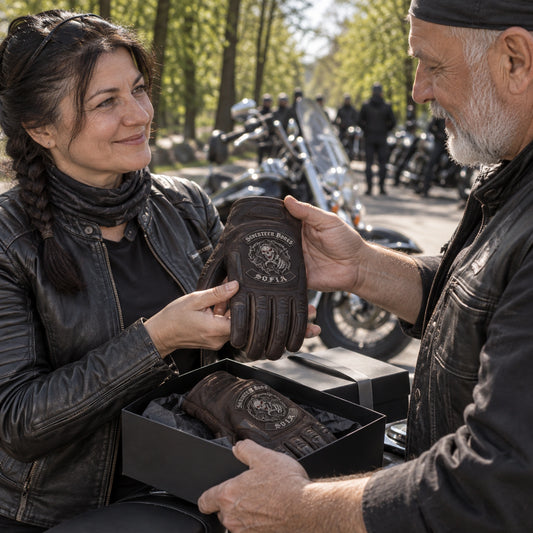 Dark brown full-finger cowhide leather gloves with restrained motorcycle club branding in tree-lined staging lane before a milestone ride.