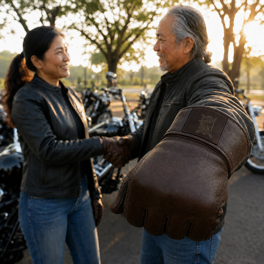 Riders gather for an anniversary ride wearing brown gloves with sparse monochrome embroidered wrist patches.