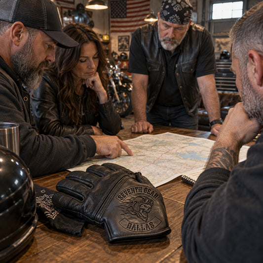 Black short-cuff cowhide leather gloves with restrained motorcycle club branding in converted warehouse clubhouse meeting corner with a route map on the table.