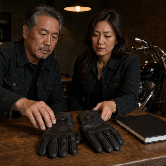 Club members bring black gloves with charcoal engraved wrist emblems to a clubhouse meeting.