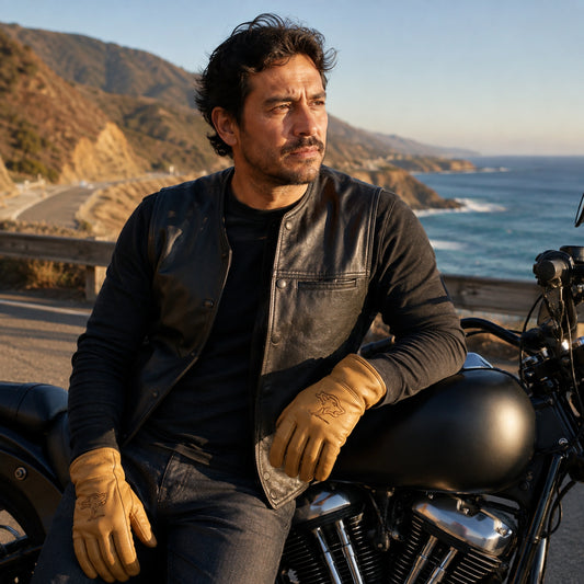 A club rider wears tan leather gloves at a coastal stop after a group run.