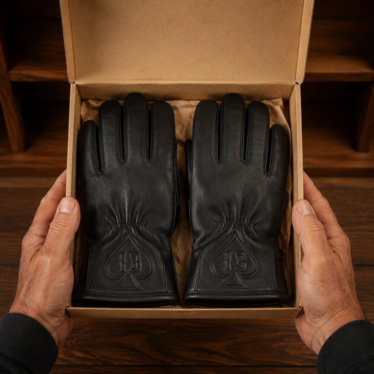 Black leather club gloves with a raised spade emblem are presented as an officer gift.