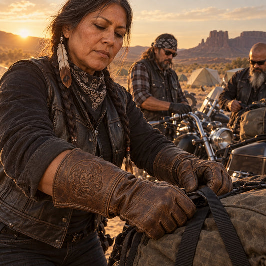 Vintage brown cowhide gauntlet leather gloves with restrained motorcycle club branding in open desert rally campground parking lane at golden hour.