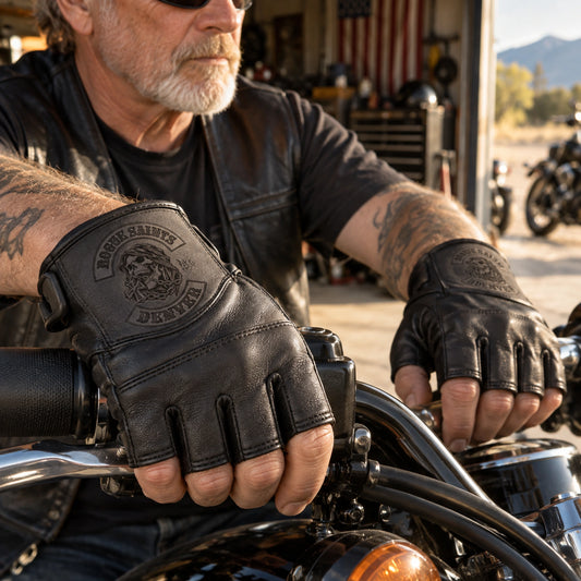 Matte black fingerless cowhide leather gloves with clean bound finger openings with restrained motorcycle club branding in open independent garage threshold on a warm afternoon.