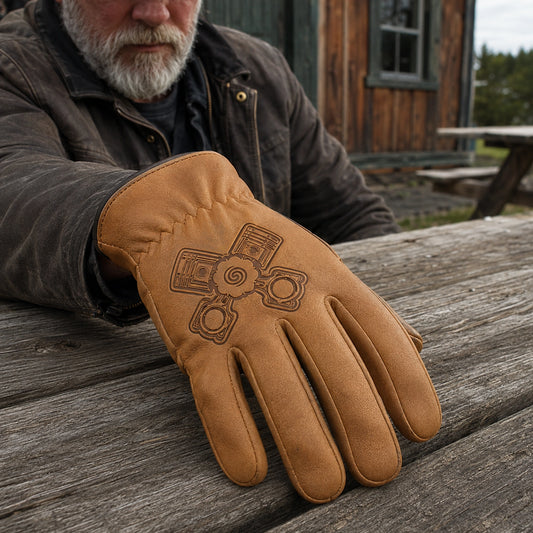 Full-finger tan leather club gloves display enclosed fingers and a debossed piston emblem.