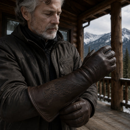 Brown leather gauntlet club gloves show an extended cuff with a dark laser-engraved skull.