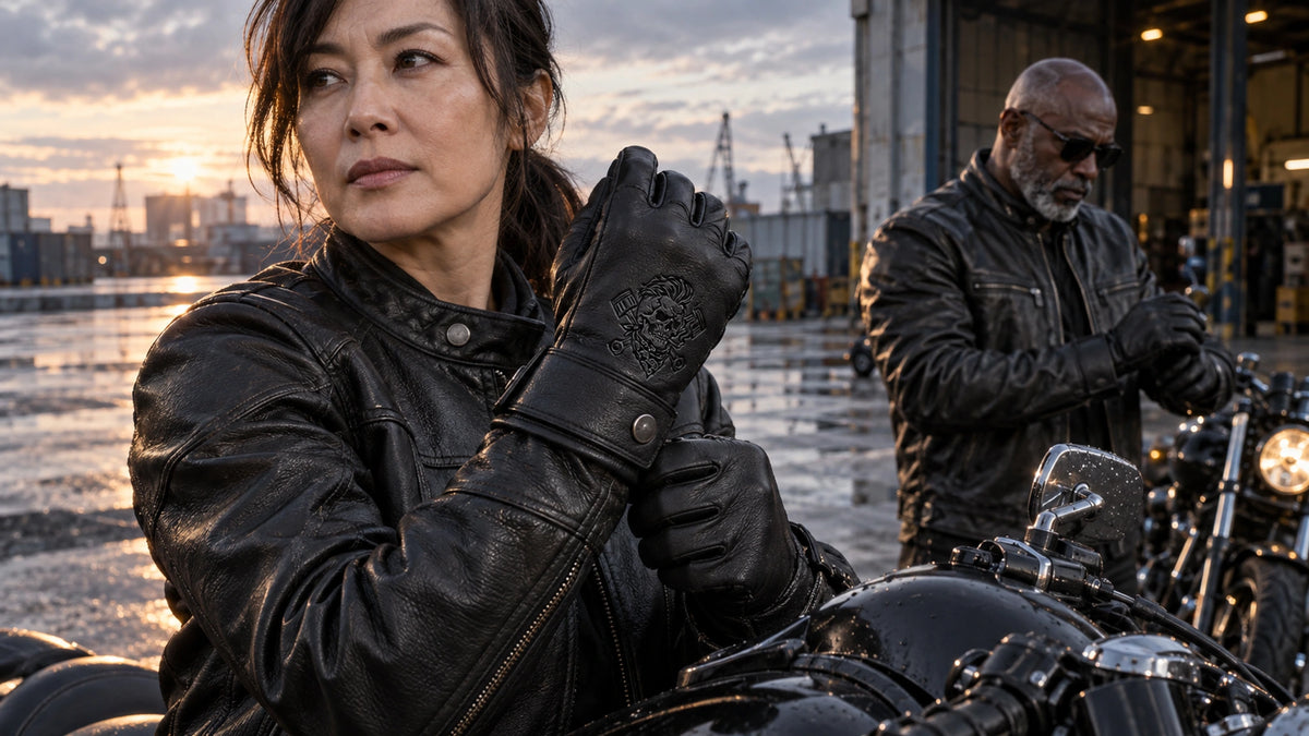 Black full-finger cowhide leather gloves with a compact wrist strap with restrained motorcycle club branding in rain-cleared industrial depot forecourt at dawn.