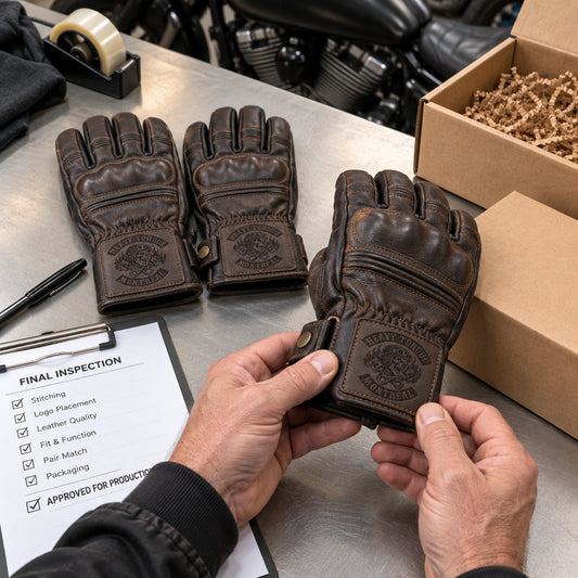 Dark brown short-cuff cowhide leather glove pairs with restrained motorcycle club branding in clean final-inspection and packing bench with plain kraft boxes.