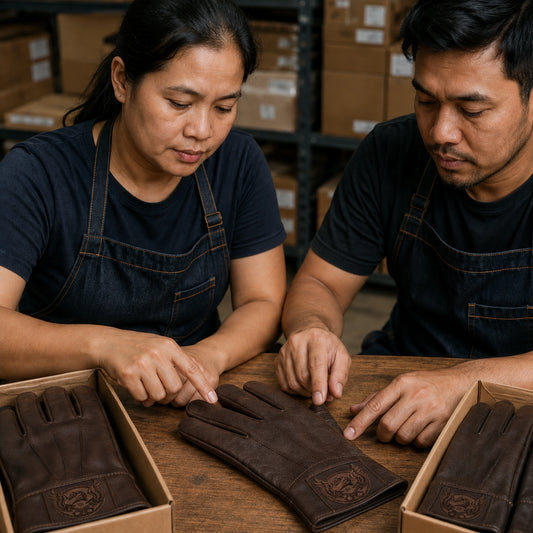 Finished brown club gloves with tonal sewn leather patches are inspected and packed after specification approval.