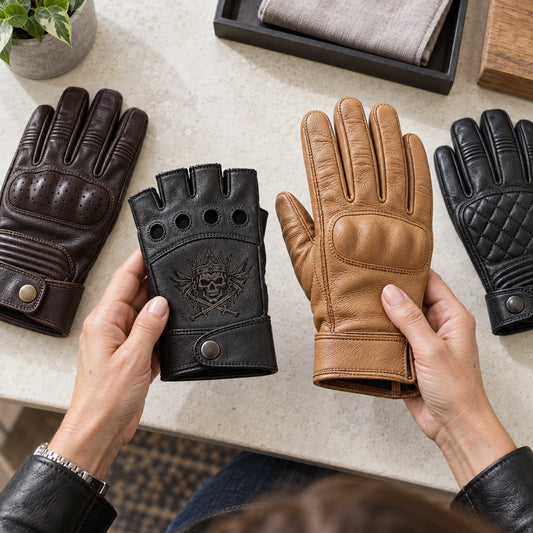 Black cowhide leather fingerless glove and natural tan goatskin leather full-finger glove, both complete with restrained motorcycle club branding in organized product selection counter with four clearly different unbranded glove constructions.