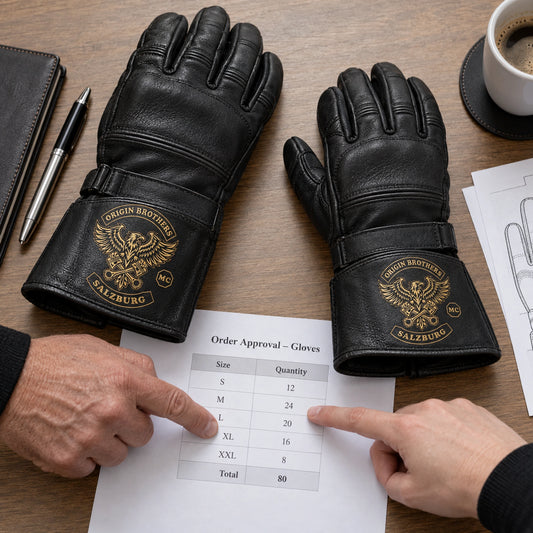 Black cowhide leather gauntlet glove samples in two visible sizes with restrained motorcycle club branding in clean approval table with a printed size breakdown and two glove sizes.