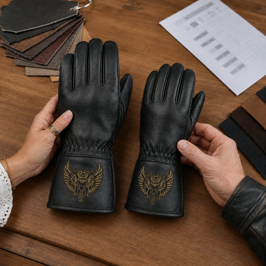 A buyer reviews two black motorcycle club gauntlet samples with restrained aged-gold foil-debossed emblems beside leather swatches.