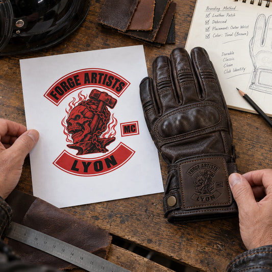 Dark brown full-finger cowhide leather glove sample with restrained motorcycle club branding in artwork intake desk with one physical authorized logo print, pencil notes and leather samples but no fake interface.