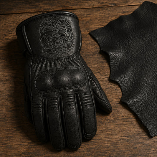 A black cowhide leather club glove rests beside a matching grain sample.