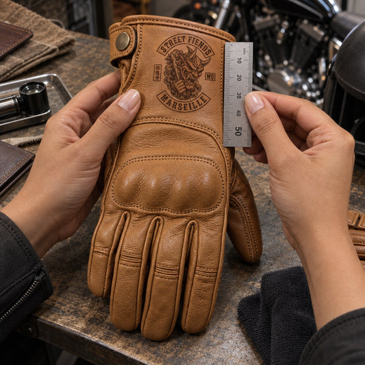 Tan short-cuff goatskin leather glove with restrained motorcycle club branding in compact leather sample inspection alcove.