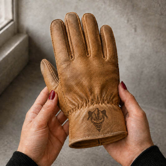 A tan motorcycle club glove has a small dark-brown laser-engraved jester emblem on its wrist inset.