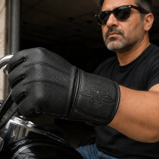 A black motorcycle club glove carries a compact tone-on-tone pressed engine emblem on its fixed wrist panel.