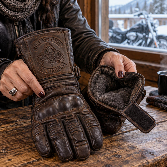 Dark brown lined cowhide leather gauntlet gloves with visible soft interior lining and modest cuff padding with restrained motorcycle club branding in timber lodge gear bench on a cold morning.