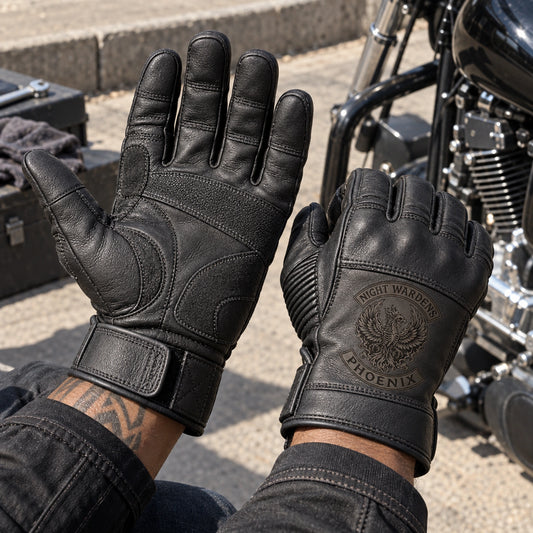 Black cowhide leather full-finger glove pair with plausible stitched palm reinforcement panels with restrained motorcycle club branding in stationary roadside maintenance pad with the motorcycle switched off.