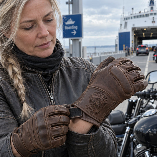 Vintage brown short-cuff cowhide leather gloves with adjustable hook-and-loop wrist strap with restrained motorcycle club branding in quiet ferry-terminal motorcycle lane before boarding.