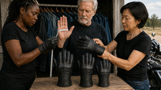 Club members measure a hand and compare different-size gloves with black-on-black pressed cuff emblems.