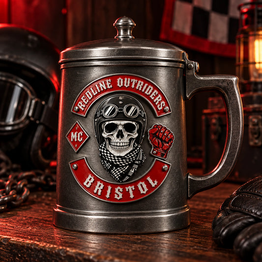 Premium lidded metal commemorative mug concept displaying an authorized logo for a custom motorcycle club metal mug project.
