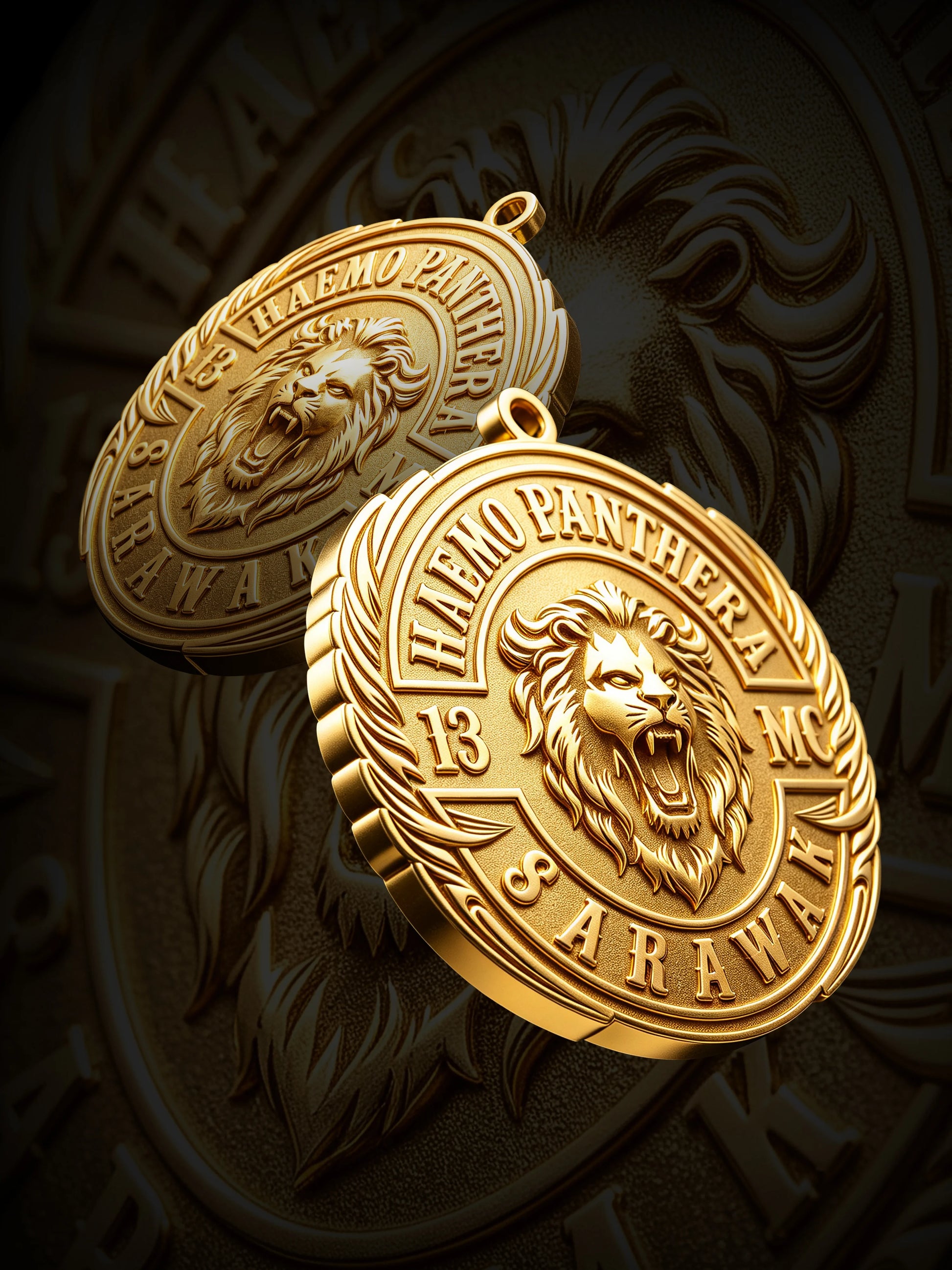 Gallery composition of two custom motorcycle club lion pendants on a dark background
