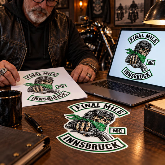 Club secretary comparing authorized club artwork with a matching custom sticker proof on a clubhouse table.