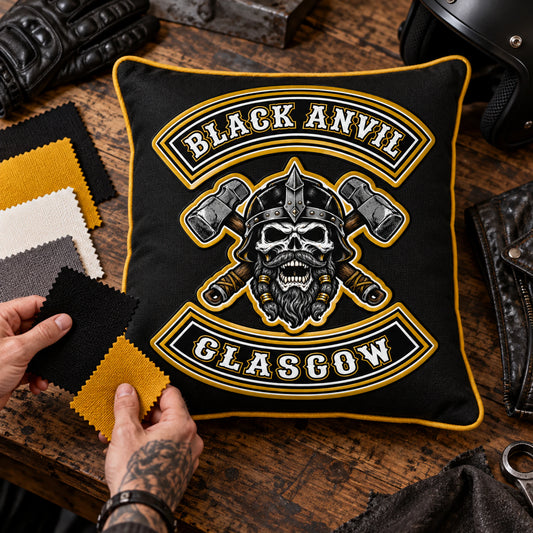 Custom motorcycle club cushion reproducing an approved logo and club color scheme.
