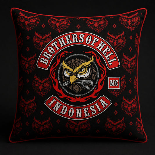 Custom motorcycle club cushion with a repeated approved logo-element pattern.