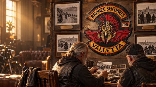 Custom motorcycle club logo wall sign displayed with chapter history in a vintage biker clubhouse.