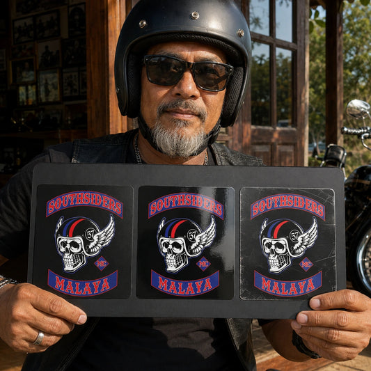 Rider comparing matte, glossy and protective-laminated motorcycle club sticker finishes in natural light.