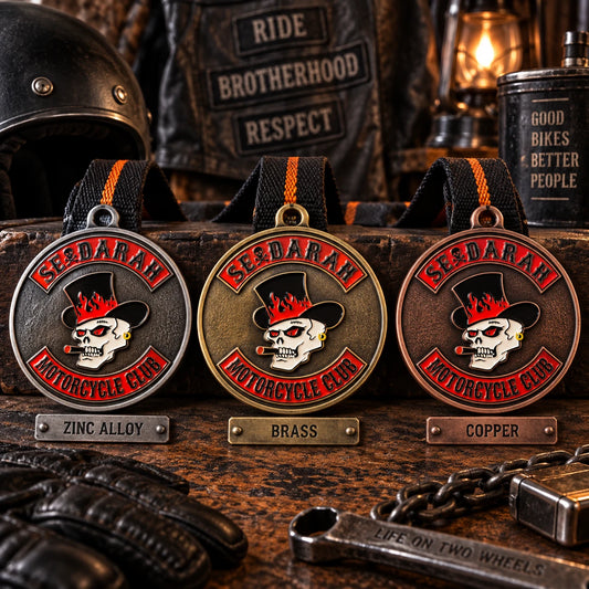 Three solid medals comparing zinc alloy, brass and copper material character using the same approved club logo. Custom motorcycle club medal.