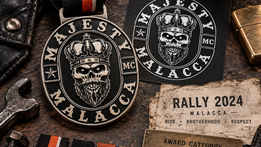 A single finished antique-silver club medal beside approved logo artwork, rally date notes, award-category card and ribbon swatches on a rugged design table. Custom motorcycle club medal.