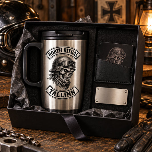 Boxed premium metal mug gift presentation displaying an authorized logo for a custom motorcycle club metal mug project.