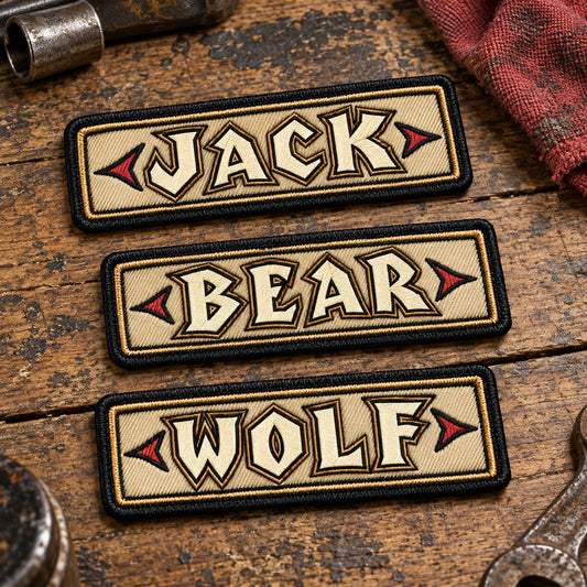 Coordinated embroidered member-name bars for a motorcycle club chapter, identical dimensions and thread treatment with varied member names, showing custom motorcycle club name bar patch options.