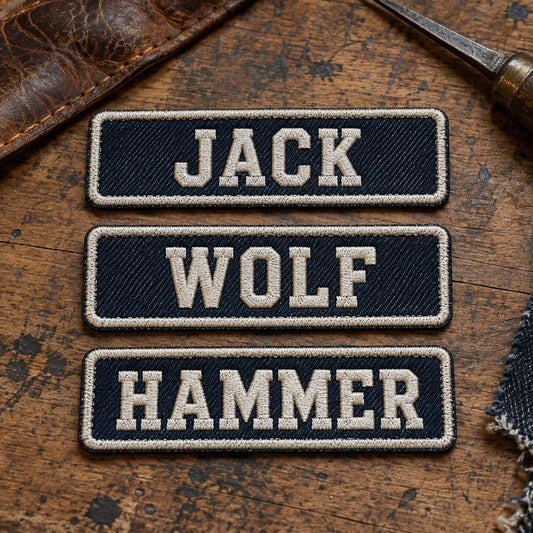 Coordinated embroidered member-name bars for a motorcycle club chapter, identical dimensions and thread treatment with varied member names, showing custom motorcycle club name bar patch options.
