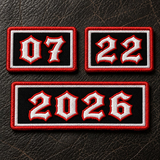 Compact member number and year bars, matching embroidery and borders, photographed as premium patch products, showing custom motorcycle club name bar patch options.