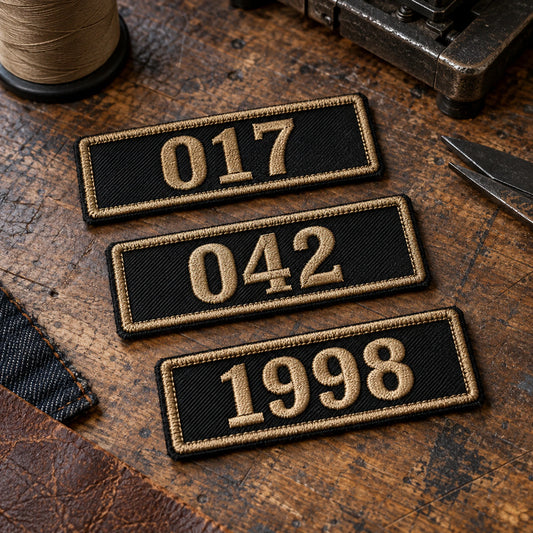 Compact member number and year bars, matching embroidery and borders, photographed as premium patch products, showing custom motorcycle club name bar patch options.